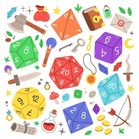 Dnd Table, D20 Dice, Rpg Dice, Dnd Dice, Game Dice, Mini Games, Flat Illustration, Planner Bullet Journal, Table Games