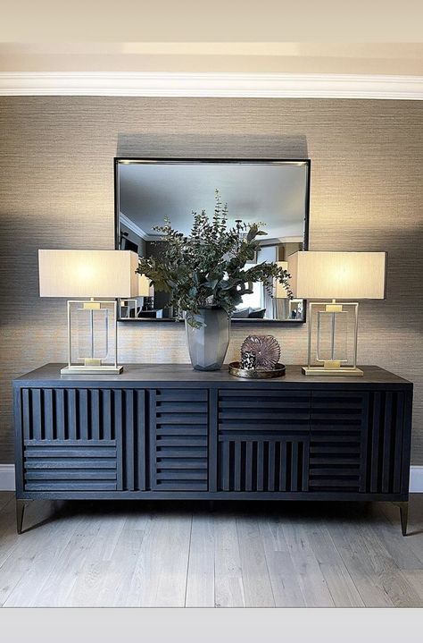 Minimal Entryway Decor, Sideboard In Hallway, Credenza In Bedroom, Lounge Sideboard Ideas, Credenza Under Window, Tv On Sideboard, Hallway Sideboard Ideas, Buffet Table Ideas Decor Modern, Hallway Credenza