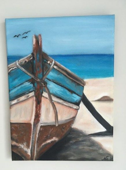 Wooden Boat Paint Ideas, Oil Painting Boat Sea, Acrylic Painting Boat On Water, Diy Sea Painting, Painting Boats On Canvas, Painting Boats Acrylic, Boat In The Sea Painting, Simple Sea Painting, Painting Ideas On Canvas Sea