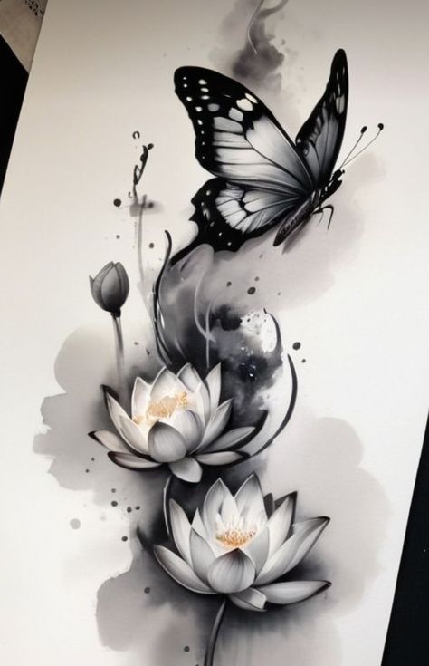 Arlo Tattoo, Lotusblume Tattoo, Butterfly Tattoos Images, Lotus Flower Tattoo Design, Beautiful Flower Tattoos, Muster Tattoos, Tattoos For Women Flowers, Tasteful Tattoos, Tatuaje A Color