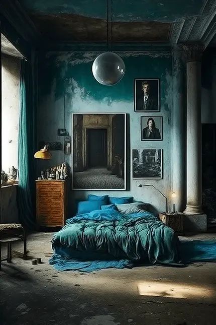 Ocean Bedroom Ideas For Adults, Moody Eclectic Bedroom, Grunge Bedrooms, Ocean Bedroom Ideas, Academia Aesthetic Bedroom, Dark Teal Bedroom, Aesthetic Everything, Moody Eclectic, Teal Bedroom Decor