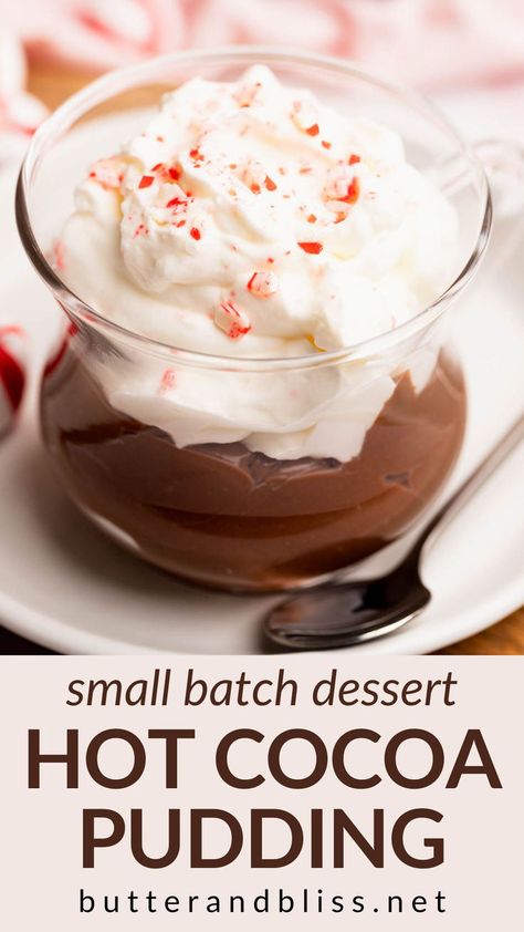 Small batch dessert recipe for super creamy chocolate pudding! Made with hot cocoa mix and topped with peppermint whip. Hot Chocolate Pudding Recipe, Hot Chocolate Pudding, Marshmallow Whipped Cream, Peppermint Marshmallows, Gluten Free Candy, Pudding Dessert, Hot Cocoa Mix, Creamy Pudding, Chocolate Festival