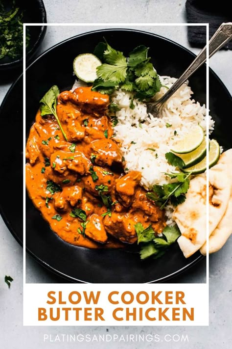 This Slow Cooker Butter Chicken is a deliciously spiced Indian dish that's easy to make with the help of your crockpot. // crock pot // recipe // coconut milk // dairy free // chicken thighs // easy // curry Slow Cooker Butter Chicken Coconut Milk, Slow Cooker Indian Chicken Curry, Slow Cooker Indian Butter Chicken, Crock Pot Indian Food, Slow Cooker Dairy Free Recipes, Curry Crockpot Recipes, Butter Chicken With Coconut Milk, Crockpot Indian Recipes, Dairy Free Butter Chicken