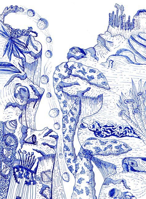 Bottom Of The Ocean Drawing, Artist Calendar, Ocean Drawing, Sketchbook Tour, Bottom Of The Ocean, Doodle Sketch, Landscape Drawings, Ocean Themes, Pen Art