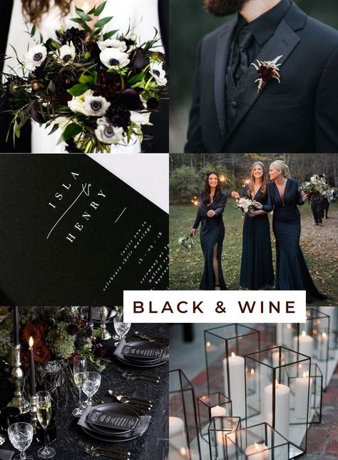 Black And Wine Wedding, Black And Wine Wedding Colors, Dark Wedding Theme, Black And White Wedding Theme, Fall Wedding Ideas, Halloween Themed Wedding, Wedding Theme Inspiration, Theme Inspiration, White Wedding Theme