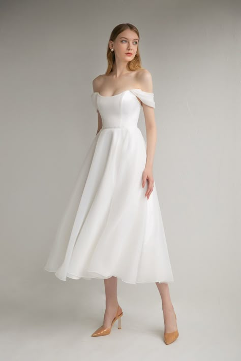 Romantic White Dress, Wedding Dress Minimalist, Civil Wedding Dress, Jeweled Wedding Dress, Short Bridal Dress, Midi Wedding Dress, Rehearsal Dinner Dress, Tea Length Skirt, Minimalist Dress