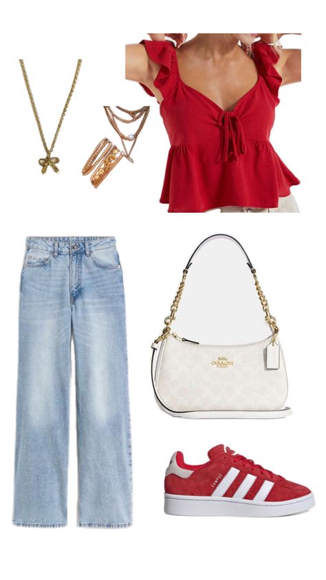 red casual outfit Cute Red Shirt Outfits, Cute Red Outfits Aesthetic, Red Lipstick Outfit Casual, Red Tshirt Outfit Women, Red Shirt Outfit Ideas, Red Outfits Casual, Red Casual Outfit, Red Summer Outfits, Red Tshirt Outfit