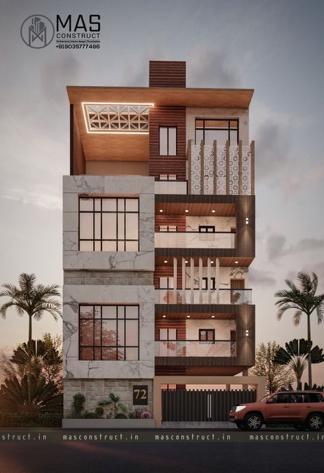 G+4 building modern elevation design idea 30 ft front. #modern #elevation #contemporary #best G 4 Front Elevation Design, Best Elevation Design, Modern Elevation Design, Modern Classical Interior, Classic Elevation, Front Building Design, Front Elevation Design, House Architecture Styles, Modern Elevation