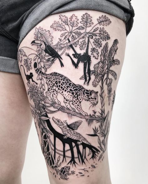 Pony Reinhardt Tattoo on Instagram: “Return from the jungle to a jungle: ocelot, with caiman’s tear-feeding butterflies, black spider monkeys, battle of the walking tree and…” Animal Thigh Tattoo, Pony Reinhardt Tattoo, Pony Reinhardt, Jungle Tattoo, Theme Tattoo, Skeleton Hand Tattoo, 4 Tattoo, Leg Tattoos Women, Leg Sleeve Tattoo