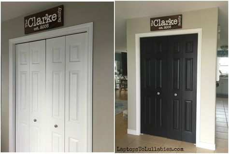 Painting closet doors black Black Closet Bifold Doors, How To Paint Bifold Closet Doors, Painting Indoor Doors Black, Painting Bifold Closet Doors, Painting Closet Doors Ideas, Black Bedroom Closet Doors, Black Bifold Doors, Black Bifold Closet Doors, Black Closet Door