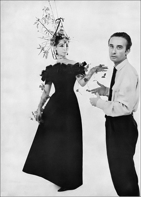 China Machado in black velvet gown with a deep cuff of ruched lace and bows around the shoulders by Patou, fantasy headdress of trailing leaves, pins and ribbons by artist Carzou, photo by Richard Avedon, Harper's Bazaar, Sept. 1961 Roaring 20s Men, China Machado, Fantasy Headdress, 20s Men, Black Velvet Gown, Historical Clothes, Jean Patou, Velvet Gown, Richard Avedon