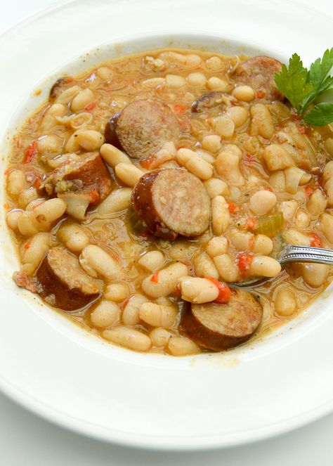 Crockpot Pork Roast And White Beans, White Beans And Rice Crockpot, Cajun White Beans And Sausage, White Beans And Sausage Crockpot, Louisiana White Beans, Smoked Sausage And White Bean Soup, Keilbasa Recipes Soup White Beans, Sausage And Beans Crockpot, White Bean Recipes Southern