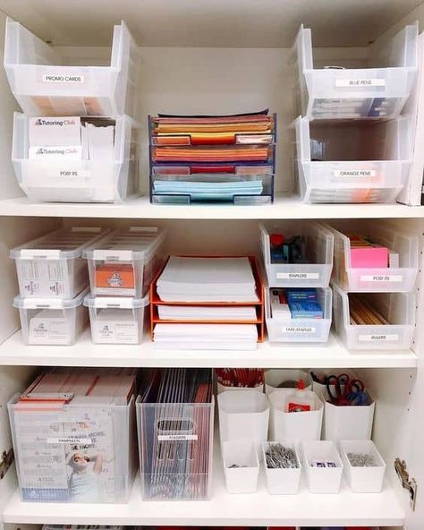 30 Office Supply Organization Ideas » Lady Decluttered Office Supplies Closet, Closet Office Organization, Craft Closet Organization, Lady Decluttered, Supply Organization, Desk Organisation, Office Organisation, Office Organization At Work, Room Organisation