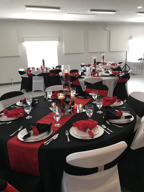 Elegant Black And White And Red Wedding Table Decor, Black Red Table Decorations, Red Black And White Party Decorations For Men, Red And Black Banquet Decor, Red Black And White Anniversary Party, Red White Black And Gold Party Decor, Black Red Party Theme, Ruby Red Decorations, Red Black And White Birthday Party Decor