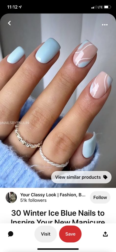 White And Dusty Blue Nails, Dusty Blue Bridesmaid Nails, Gender Reveal Nails Neutral, Bridesmaid Nails Dusty Blue, Blue Bridesmaid Nails, Spring Nails Light Blue, Winter Formal Nail Ideas, Bridesmaid Nails Blue, Dusty Blue Nails With Design