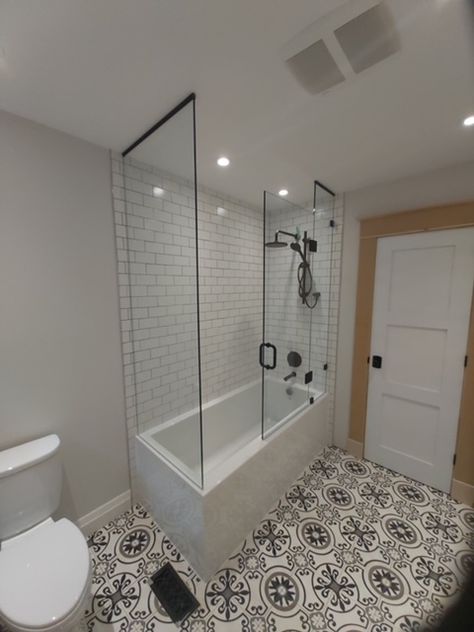 Glass Tub Enclosure, Tub Shower Combo Remodel, Glass Shower Tub, Small Bathroom With Tub, Bathroom Tub Shower Combo, Bathtub Shower Combo, Bold Bohemian, Tub Enclosures, Shower Tub Combination