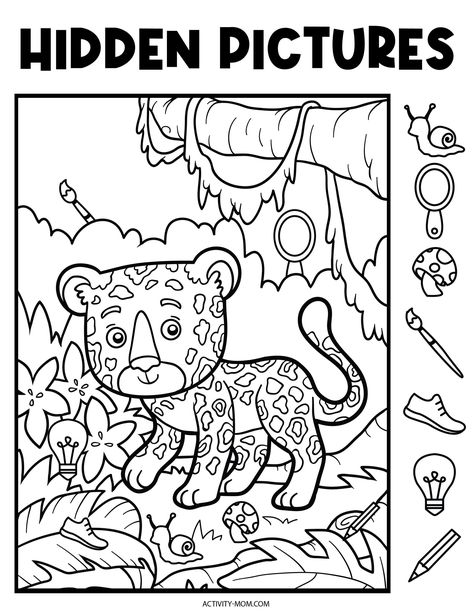 Free Hidden Pictures Printables for Kids - The Activity Mom Inkleur Prente, Hidden Pictures Printables, Hidden Picture Games, Jungle Coloring Pages, Highlights Hidden Pictures, Find The Hidden Objects, Hidden Picture Puzzles, Maze Worksheet, Fun Worksheets For Kids