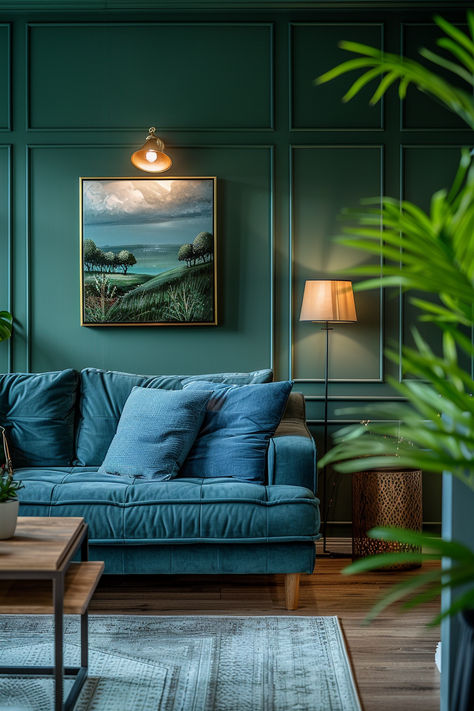 green and blue living room, blue living room with green accents, living room inspo, vibrant living room Green Living Room Blue Sofa, Blue And Green Living Room Decor, Blue Green Walls Living Room, Green Blue Brown Living Room, Green Wall Blue Sofa, All Blue Living Room, Peacock Green Living Room, Dark Blue Green Walls, Emerald Green Walls Living Room