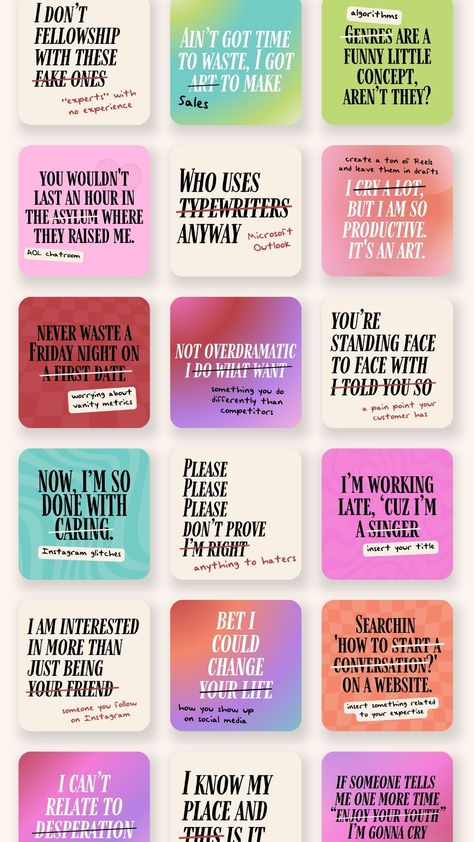 These super fun Instagram Feed Post templates feature some quotes from your FAVE women in pop! These lyrics from Beyonce, Billie Eilish, Ariana Grande, Chappel Roan, and more make for the perfect quote on your Instagram feed. Tailor these to your business or your brand and get a quick boost in engagement! Quotes Aesthetic Instagram Post, Media Kit Design Layout, Quote Social Media Post, Fun Instagram Feed, Lyrics Template, Brand Instagram Feed, Tips Instagram Post, Instagram Feed Post, Instagram Infographic