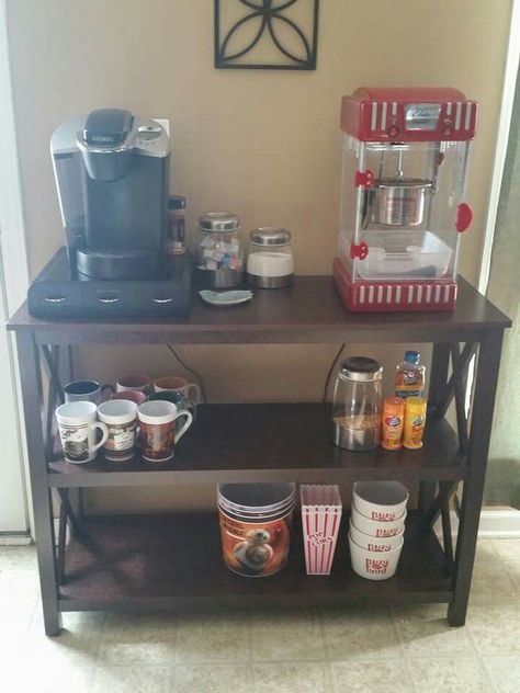 Our finished Coffee / Popcorn Bar! ❤ Popcorn Bar Home, Popcorn Bar At Home, Popcorn Station Home, Snack Bar Ideas Home, Popcorn Station, Coffee Snacks, Popcorn Machine, Popcorn Bar, Bar Storage