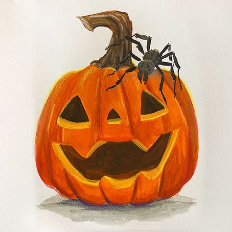 Part of 2022 Inktober / Drawtober / Drawlloween /october art annual challenge. Chose to do a variety of pumpkins as cute jack-o-lanterns all in gouache. w/ spider Jackolantern Paintings, Jackolantern Drawing, Spider Jack O Lantern, Jack O Lantern Painting, Jack O Lantern Drawing, Jackolantern Painting Ideas On Canvas, Jack O Lantern Illustration, Orange Pumpkin Drawing, Watercolor Jack O Lantern