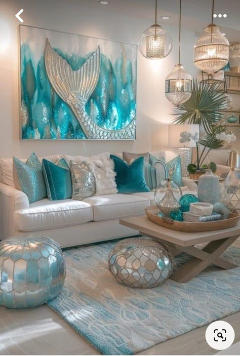 Under The Sea Living Room, Mermaid Lore, Room Ideas Cute, Aqua Living Room, Beachy Living Room, Beach Decor Living Room, Modern Mermaid, Dark Blue Living Room, Beach Theme Living Room