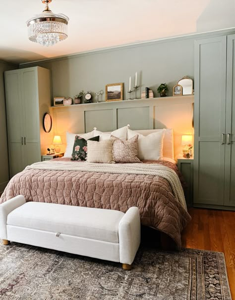 Wardrobe Side Of Bed, Bed Alcove Master, Primary Bedroom Wainscoting Ideas, Primary Bedroom Colorful, Bedroom Archway Ideas, Built In Headboard Wall With Window, Built In Storage Small Bedroom, Built In Storage For Bedroom, Queen Bed With Built In Night Stands