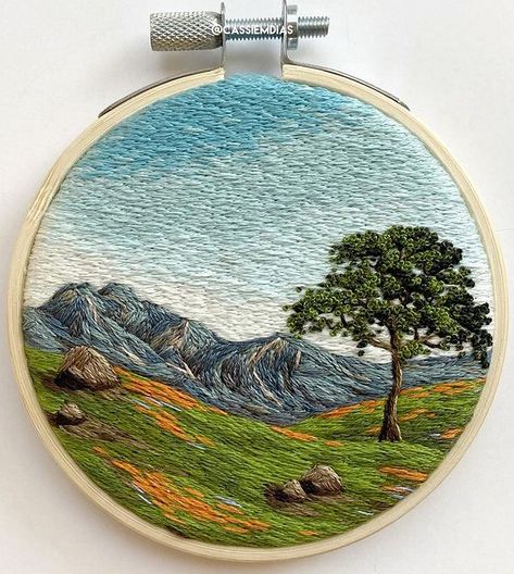 Scenery Embroidery Designs Simple, Land Scape Embroidery, Needle Painting Embroidery Free Pattern, Embroidery Landscape Pattern, Landscape Embroidery Ideas, Embroidery Landscape Easy, Scenic Embroidery, Embroidery Sky, Embroidery Landscape