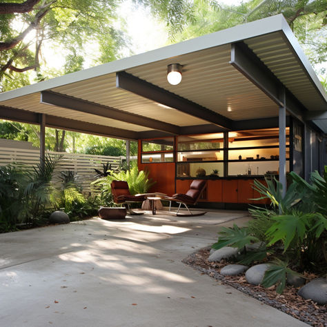 20 Carport Ideas That Will Impress You Carport In Front Of Garage, Modern Carport Ideas, Mid Century Carport, Carport Conversion, Carport Garden, Hale House, Modern Carport, Patio Addition, Carport Ideas