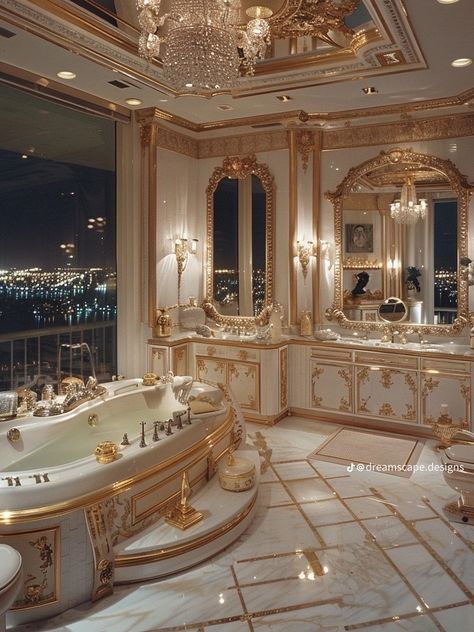 Rich House Bathroom, Fancy Bathroom Luxury Master Bath, Royal Bathroom Aesthetic, Royal Bathroom Luxury, Fancy Bathrooms, Bathroom Mansion, Castle Bathroom, Mansion Bathroom, Lavish Bathroom