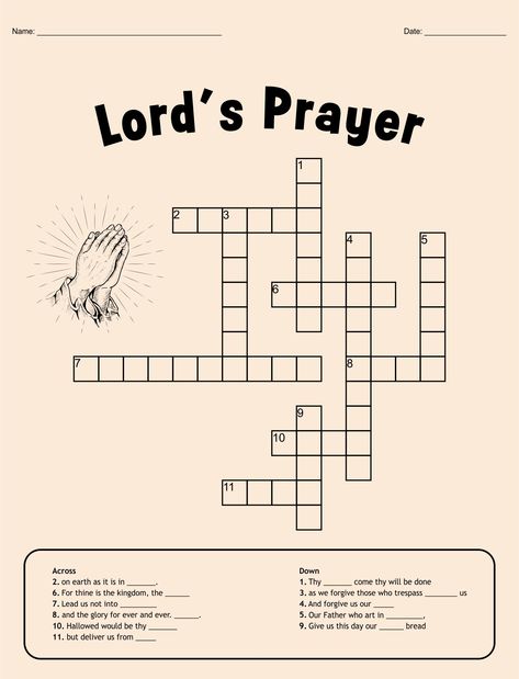 Lords Prayer Crossword Prayer Activities For Adults, Teen Sunday School Lessons, Sunday School Crossword, Christmas Sunday School Lessons, Bible Crossword Puzzles, Christian Kids Activities, Bible Songs For Kids, Word Puzzles For Kids, Prayer Crafts