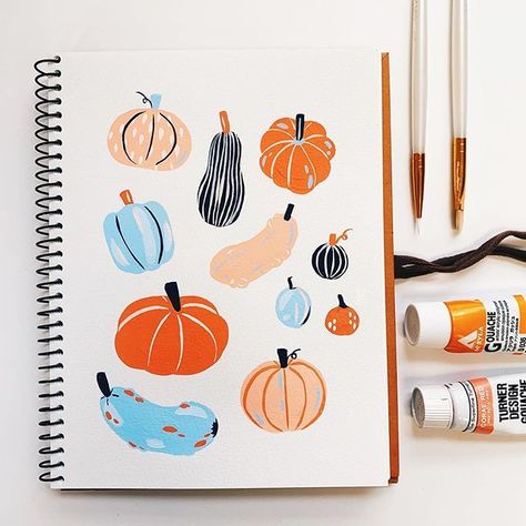 Gouache Pumpkin Painting, Gouache Color Palette, Gouache Pumpkin, Fall Gouache Painting, Gouache Illustrations Simple, Gouache Autumn, Gouche Painting Ideas Easy, Guache Art Gouache Painting, Gouache Reference