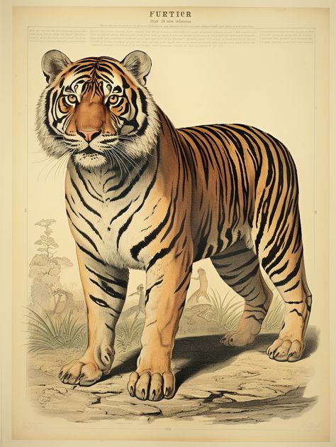 Amur tiger naturalist style illustration reminiscent of 19th-century naturalist drawings. AI-generated Vintage Tiger Illustration, Mural Elephant, Tiger Reference, Amur Tiger, Enamel Painting, Japanese Tiger, Tiger Tattoo Design, Tiger Drawing, Lion Illustration