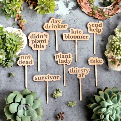 Got an indoor plant with attitude? Showcase that sass with a decorative plant stake. Also makes a great gift for any plant lover!  Plant stakes have a size range based on text but fall within 4-5 inches in height and 3-4 inches in width.  Indoor plant stakes are made from eco-friendly Baltic birch and sealed for light- to -moderate moisture environments.  Listing is for one plant stake. Plant Party, Plant Stakes, Laser Cut Wood Crafts, Painted Clay Pots, Play Clay, Garden Markers, Cnc Projects, Fun Signs, Plant Markers