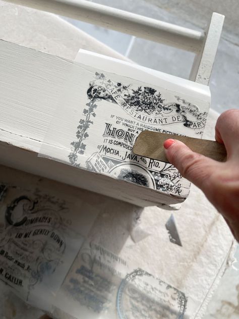 Adding the Vintage Post Transfer to this DIY Toolbox White Painted Desk, Diy Toolbox, Wood Toolbox, Old Tool Boxes, Flatware Box, Tool Box Diy, Buffet Makeover, Antique Side Table, Wall Mirror With Shelf