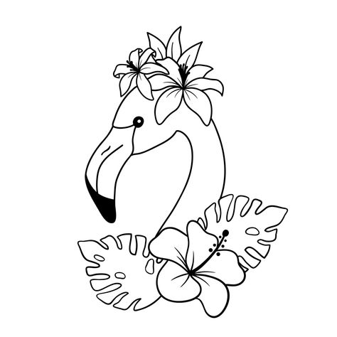 Tropical Flower Coloring Pages, Cute Flamingo Drawing, Flamingo Drawing Simple, Flamingo Stencil, Flamingo Template, Flamingo Outline, Flamingo Doodle, Flamingo Sketch, Flamingo With Flowers