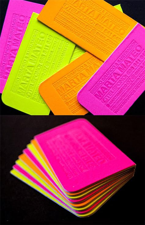 bright neon letterpress business card Fun Business Cards, Neon Packaging, Blind Letterpress, Neon Business Cards, Die Cut Business Cards, Make Business Cards, Letterpress Business Cards, Business Card Inspiration, Neon Design