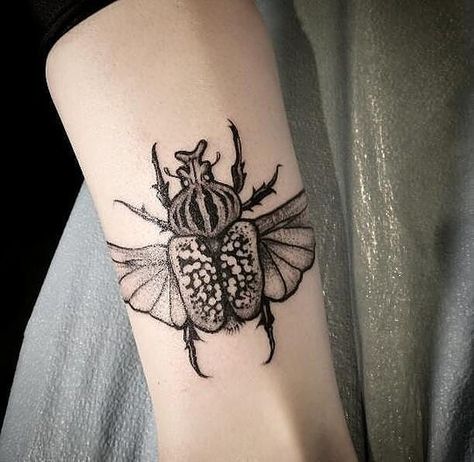 Goliath beetle tattoo I got yesterday 😊💙🍃 First of many insect tattoos, as I always have, and always will be, obsessed #entomologistdreams… Bugs Tattoo, Scarab Tattoo, Beetle Tattoo, Bug Tattoo, Insect Tattoo, Theme Tattoo, B Tattoo, Dot Work Tattoo, Skin Art