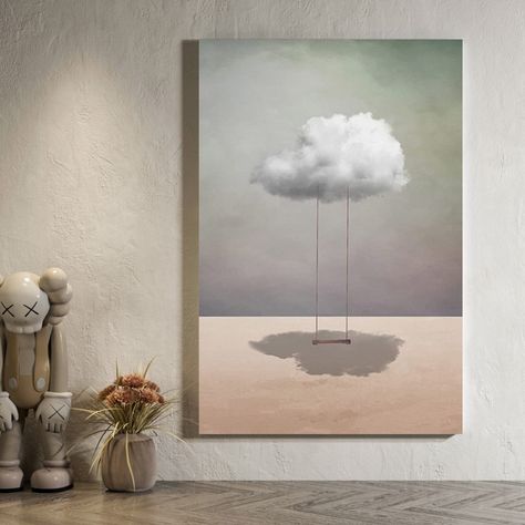 Surreal Wall Art, Subtle Paintings, Minimalistic Painting, Abstract Minimalist Painting, Cloud Paintings, Beige Wall Decor, Cloud Canvas Art, Bird Paintings On Canvas, Clouds Painting