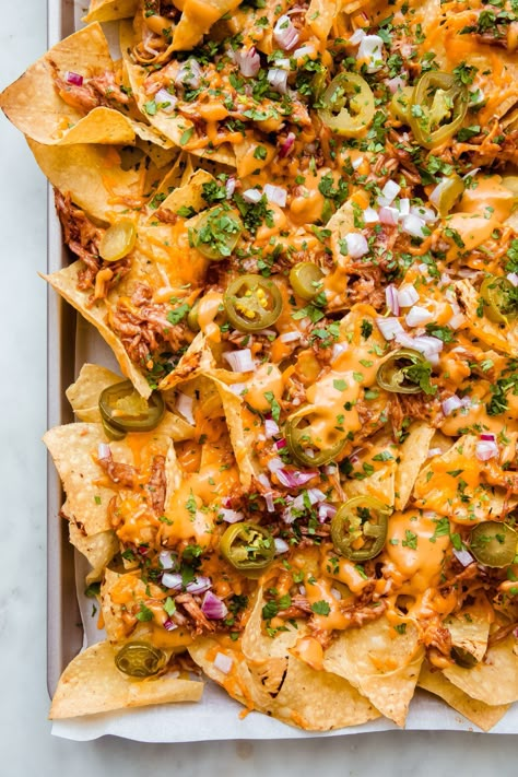 Loaded Sheet Pan BBQ Chicken Nachos Recipe | Little Spice Jar Shredded Chicken Nachos, Bbq Nachos, Bbq Chicken Nachos, Buffalo Chicken Nachos, Shredded Buffalo Chicken, Chicken Nachos Recipe, Smoked Chicken Breast, Chicken Recipe Air Fryer, Shredded Bbq Chicken