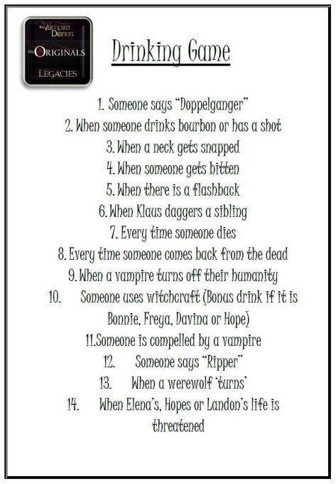 Vampire Diaries Drinking Game, Drinking Games To Movies, Vampire Diaries Games, Tv Drinking Games, Vampire Diaries Party Ideas, Hunger Games Drinking Game, Tv Show Drinking Games, Drinking Ideas, Halloween Drinking Games