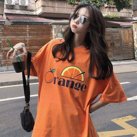 Girly Fits, Orange Fits, Orange Tees, Clothes Korean Style, Orange T Shirt, Indie Grunge, Fabulous Clothes, Orange T Shirts, Vintage Denim Jacket