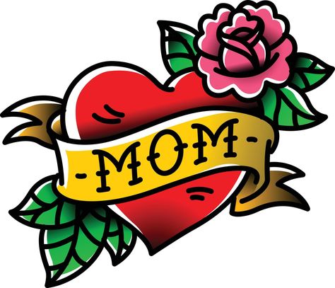 A tattoo with the inscription of Mom. A heart and flower tattoo with a flower. Tattoo in the style of the American old school. Vector flat tattoo. The illustration is isolated on a white background. Heart And Flower Tattoo, Heart Mom Tattoo, Tattoo Clipart, 2023 Pedicure, Mom Heart Tattoo, Hunter Tattoo, Iconic Celebrities, Flower Tattoo Drawings, Body Image Art