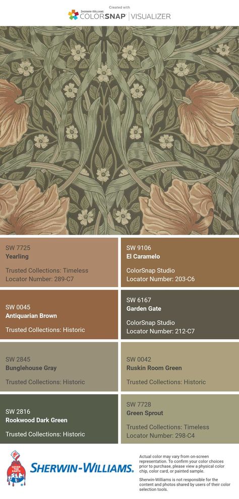 Vintage Sherwin Williams, Vintage Paint Colors Bedroom, Downing Earth Sherwin Williams, Color Palette Dining Room, Rust And Green Palette, Victorian Colors Palette Interiors, Vintage Paint Colors Walls, Forest Paint Colors, Victorian Home Color Scheme