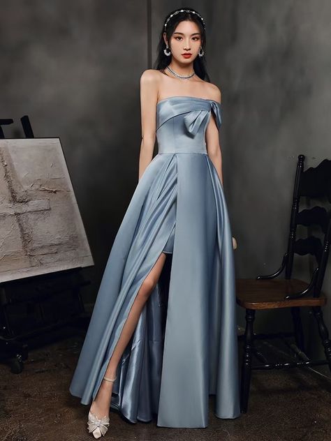 Blue Tulle Party Dress, Blue Gray Dress, Bridesmaid Dresses Long Blue, Blue Long Prom Dress, Grey Blue Dress, Off Shoulder Evening Dress, Simple Prom Dress, Blue Tulle, Long Bridesmaid Dress