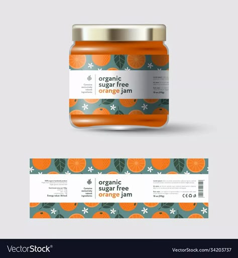 Jam orange label and packaging jar with cap vector image Fun Label Design, Orchard Branding, Tomato Packaging Design, Jar Labels Design, Jar Sticker Design, Jam Jar Packaging, Jam Jar Design, Jam Label Design, Jam Packaging Design