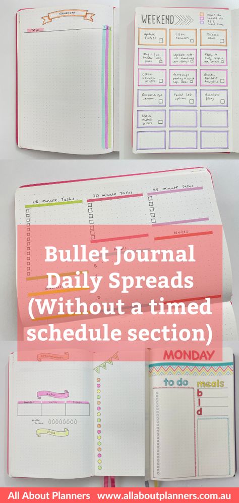 bullet journal daily spreads without a timed schedule no appointment section simple quick easy colorful day to a page bujo newbie inspiration ideas tips Bullet Journal Planner Ideas, Journal Planner Ideas, Daily Planner Layout, Planner Layout Ideas, Bullet Journal Daily Spread, Bullet Journal Daily, Erasable Highlighters, Zebra Mildliner, Holiday Schedule