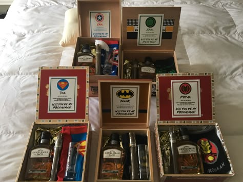 DIY Groomsmen Proposal Boxes (Superhero Theme). We used different cigar boxes and treated each groomsman to a drink, cigar, engraved shot glass, and super hero socks. Gaming Groomsmen Proposal, Marvel Groomsmen Proposal, Video Game Groomsmen Proposal, Groomsmen Proposal Video Game, Groomsmen Proposal Nerdy, Marvel Groomsmen, Superhero Wedding Ideas, Diy Groomsmen Proposal, Avenger Wedding