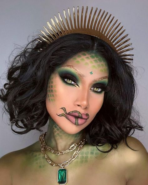 Green Snake Shade Green Makeup Looks Snake Makeup Look, Medusa Makeup Ideas, Reptile Makeup, Green Hair Character, Green Makeup Looks, Snake Makeup, Green Makeup Look, Medusa Halloween Costume, Medusa Makeup