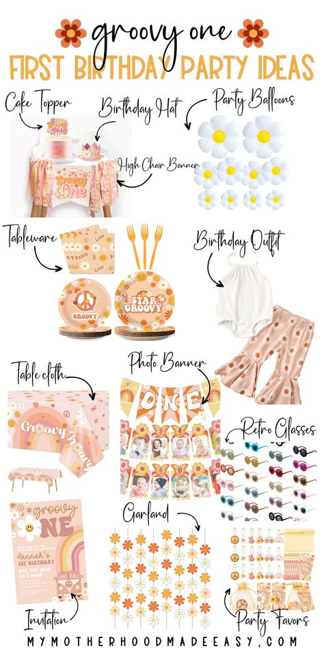 Daisy Boho Birthday Theme, Groovy One Bday Party, One Groovy Babe Party, Groovy One 1st Birthday, Groovy One Birthday Decorations, One Year Old Groovy Birthday, Groovy One Decorations, One Groovy Babe Birthday Food, One Groovy Baby Birthday Theme